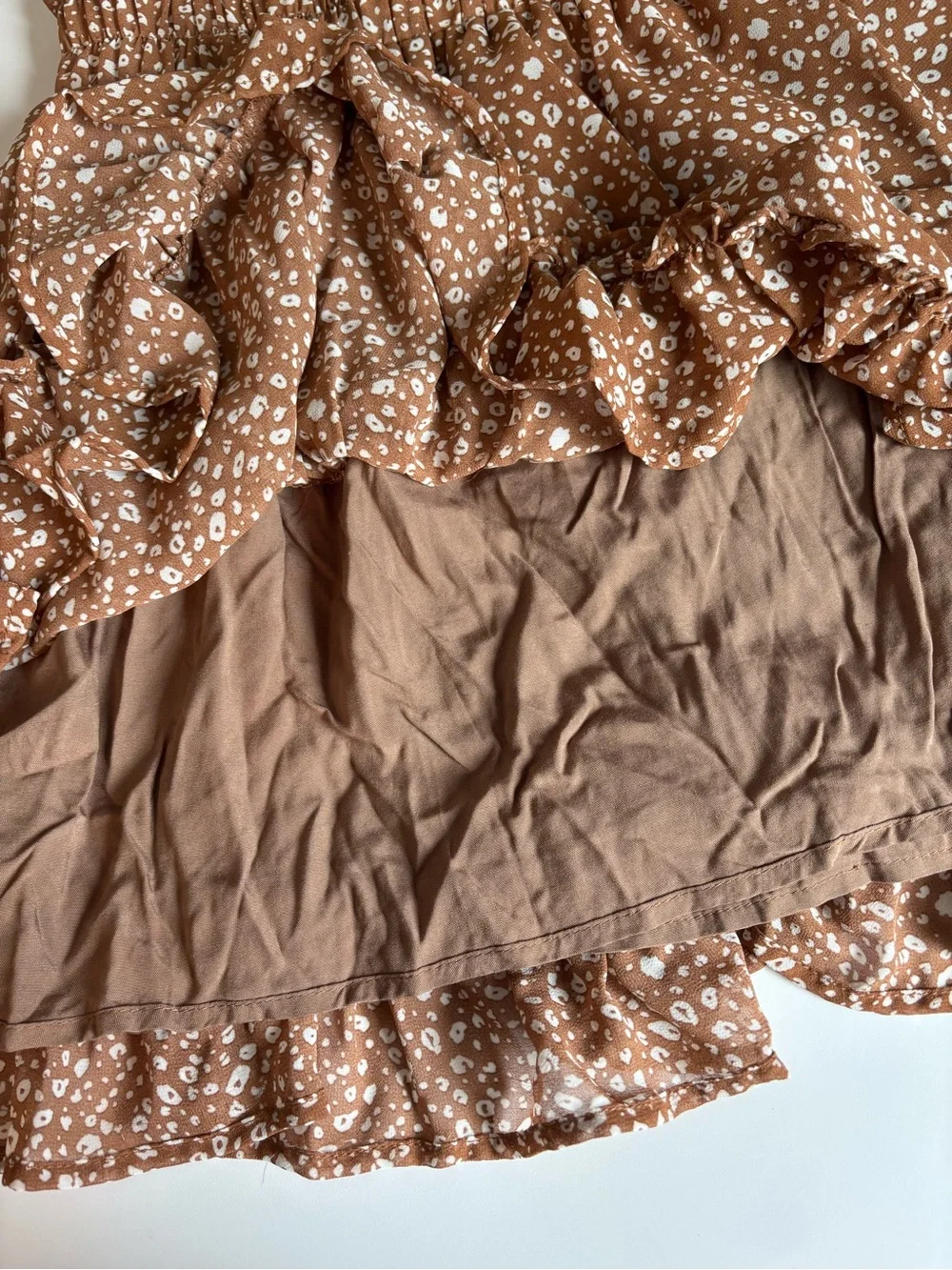 Newbury Kustom Boho Tiered Ruffle A-Line Short Skirt Brown & White Floral Small